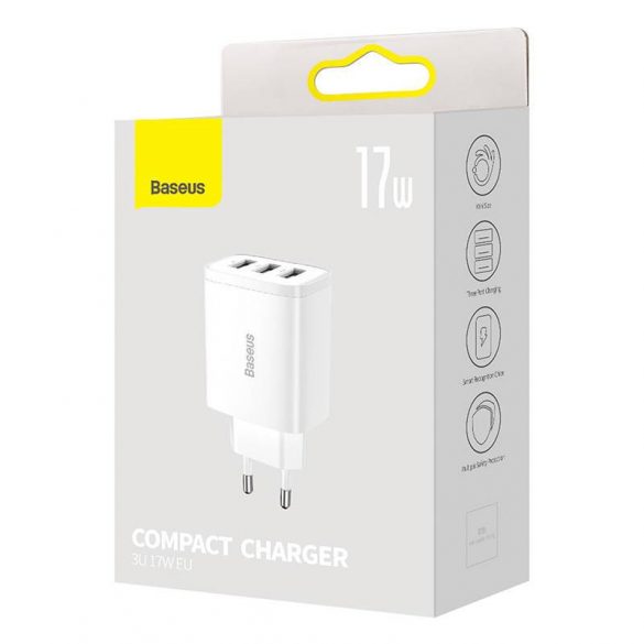 Baseus încărcător rapid compact, 3x USB, 17W (alb)