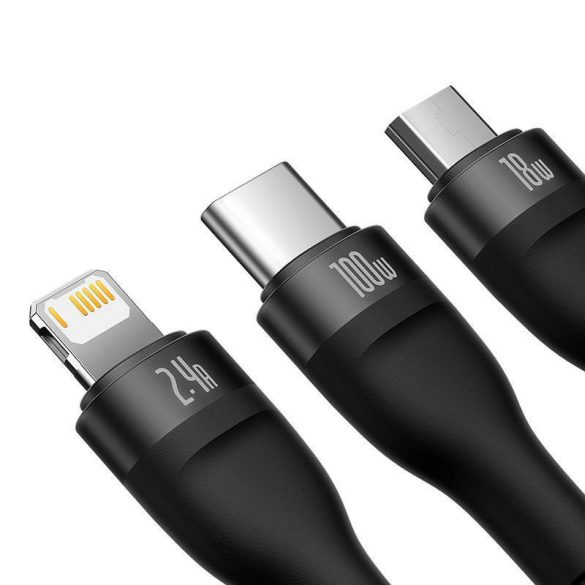 Cablu USB 3 în 1 din seria Baseus Flash, USB-C + micro USB + Lightning, 100 W, 1,2 m (negru)