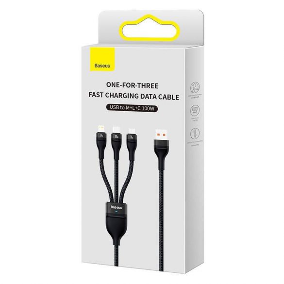 Cablu USB 3 în 1 din seria Baseus Flash, USB-C + micro USB + Lightning, 100 W, 1,2 m (negru)