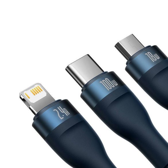 Cablu USB 3 în 1 din seria Baseus Flash, USB-C + micro USB + Lightning, 100 W, 1,2 m (albastru)