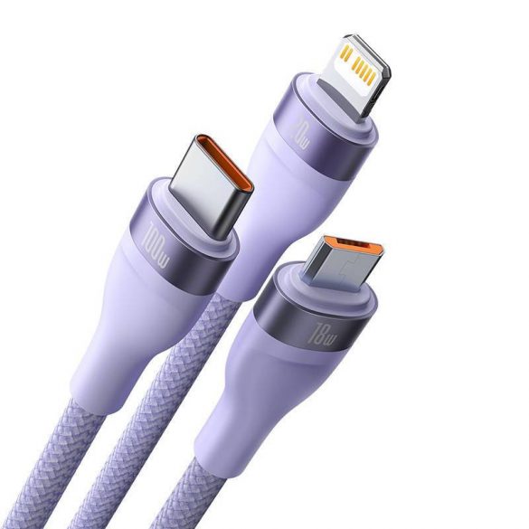 Baseus Flash Series 2, cablu USB 3 în 1, USB-C / Micro USB / Lightning, 100 W, 1,2 m (violet)