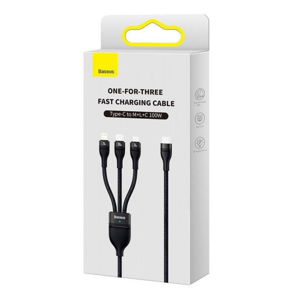 Baseus Flash Series 2, cablu USB 3 în 1, USB-C / micro USB / Lightning, 100 W, 1,5 m (negru)