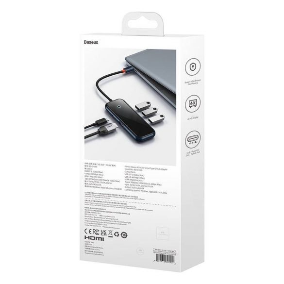 Hub Baseus AcmeJoy 5 în 1, USB-C - 2xUSB 3.0, USB 2.0, USB-C PD, HDMI (gri închis)