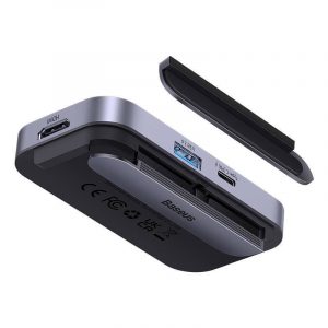 HUB Baseus PadJoy 4 în 1 USB-C - USB 3.0 + HDMI + USB-C PD + mufă, 3,5 mm (gri)