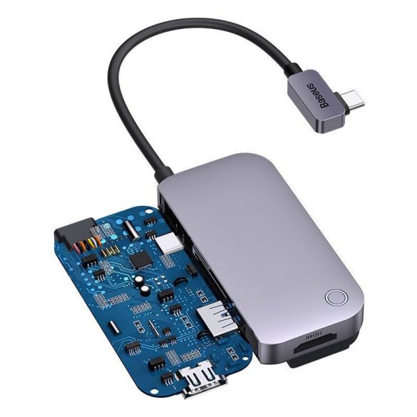 HUB Baseus PadJoy 4 în 1 USB-C - USB 3.0 + HDMI + USB-C PD + mufă, 3,5 mm (gri)