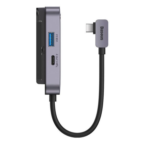 HUB Baseus PadJoy 4 în 1 USB-C - USB 3.0 + HDMI + USB-C PD + mufă, 3,5 mm (gri)