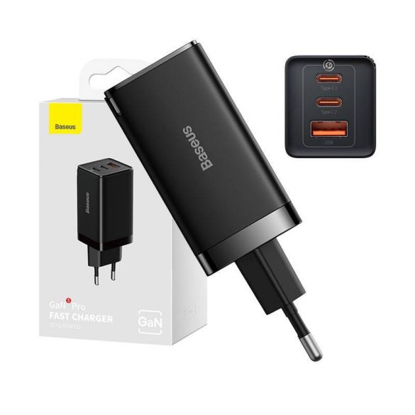 Baseus GaN5 Pro încărcător , 2xUSB-C + USB, 65W (negru)