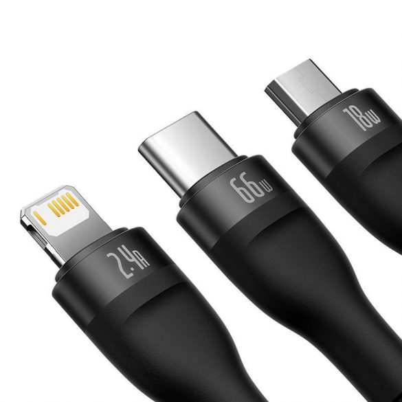 Cablu de încărcare USB 3 în 1 Baseus Flash II, USB-C + micro USB + Lightning, 66 W, 1,2 m (negru)