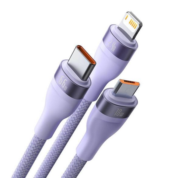 Cablu de încărcare USB 3 în 1 Baseus Flash II, USB-C + micro USB + Lightning, 66 W, 1,2 m (violet)