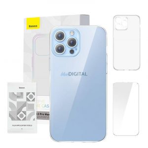 Husă transparentă pentru telefon Baseus pentru iPhone 13 Pro Max (transparentă) + Protector de ecran din sticlă securizată + Kit de curățare