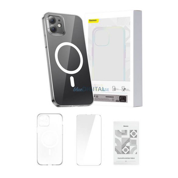 Husă magnetică pentru telefon Baseus Crystal pentru iPhone 12 (transparentă), sticlă securizată cu protector de ecran și kit de curățare