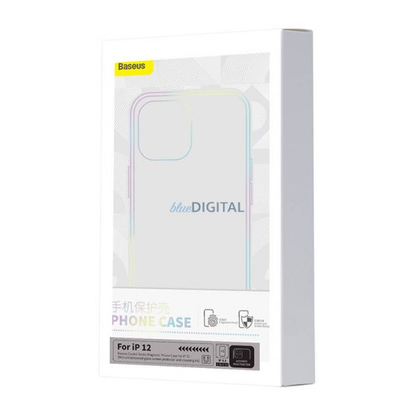 Husă magnetică pentru telefon Baseus Crystal pentru iPhone 12 (transparentă), sticlă securizată cu protector de ecran și kit de curățare