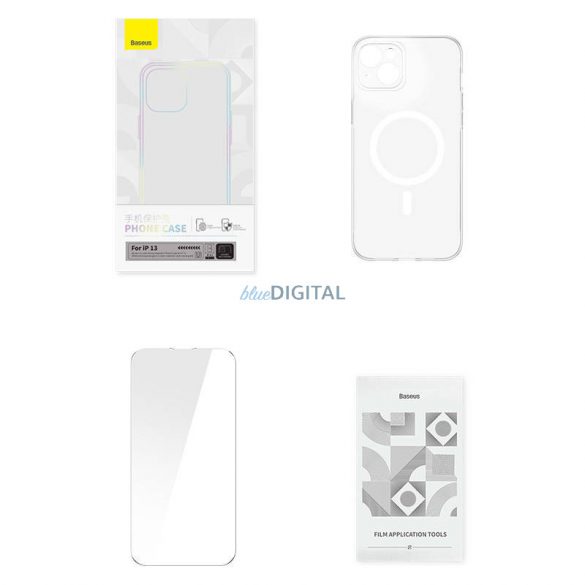 Husă magnetică pentru telefon Baseus Crystal pentru iPhone 13 (transparentă), sticlă securizată cu protector de ecran și kit de curățare