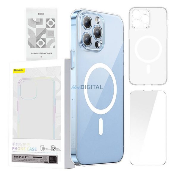 Husă pentru telefon Baseus Magnetic Transparent iPhone 13 Pro (transparent) Protector de ecran complet din sticlă securizată și kit de curățare