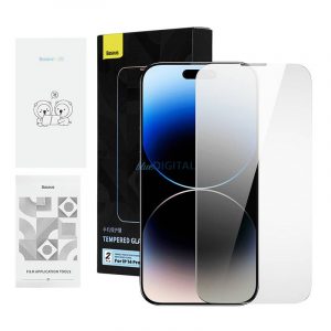 Sticlă călită cu protecție a confidențialității Kit de curățare Baseus iPhone 14 Pro Max (2 buc)2 și instrument de asamblare rezistent la praf