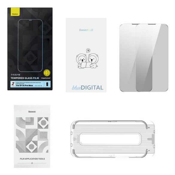 Sticlă călită cu protecție a confidențialității Kit de curățare Baseus iPhone 14 Pro Max (2 buc)2 și instrument de asamblare rezistent la praf