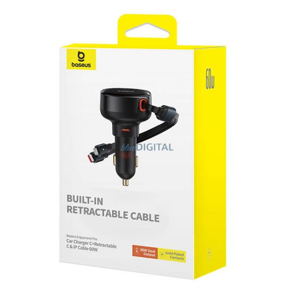 Încărcător auto Baseus Enjoyment cablu USB-CUSB-C și Lightning 60W (negru)