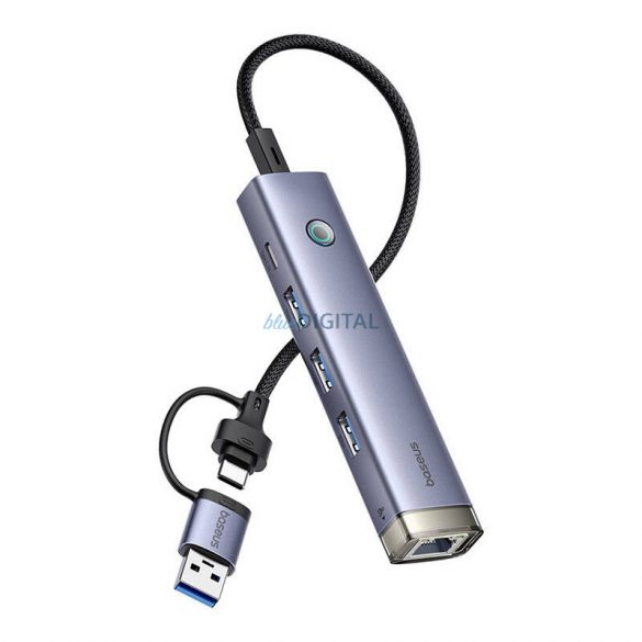 Hub 4 în 1 Baseus UltraJoy USB-A&USB-C la 3xUSB3.0+USB-C+RJ45 (gri)