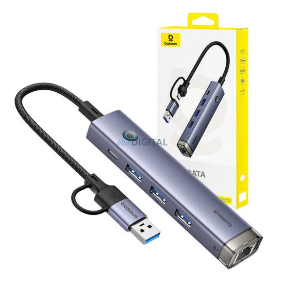 Hub 4 în 1 Baseus UltraJoy USB-A&USB-C la 3xUSB3.0+USB-C+RJ45 (gri)