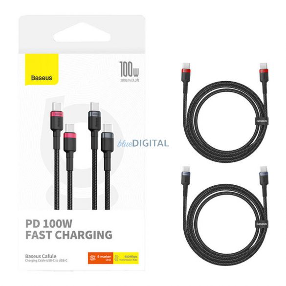 Cablu Baseus Cafule USB-C la USB-C 100W, 1m, 2psc (Roșu Negru, Gri Negru)