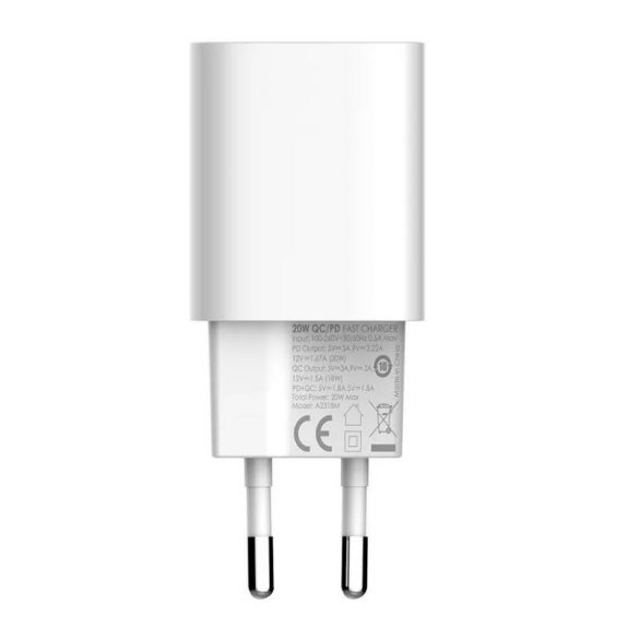 Încărcător de rețea LDNIO A2318M cu conector 1xUSB-A și 1xUSB-C și cablu tip C - Lightning max. 20W alb