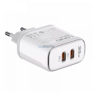 Încărcător de rețea LDNIO A2528M cu conectori 2xUSB-C și cablu tip C - Lightning 35W alb