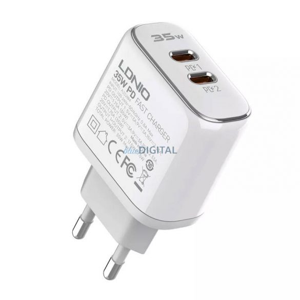 Încărcător de rețea LDNIO A2528M cu conectori 2xUSB-C și cablu tip C - Lightning 35W alb