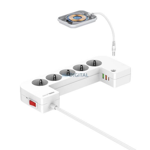 Cutie de gestionare a cablurilor LDNIO SN5311W cu splitter de rețea și încărcător wireless 5xAC 3xUSB-A 2m - alb