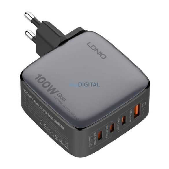 Încărcător de rețea LDNIO Q408 cu conexiuni 1xUSB-A și 3xUSB-C 100W - negru