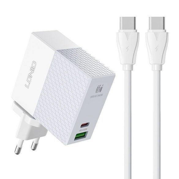 Încărcător de rețea LDNIO A2620C cu conector 1xUSB-A și 1xUSB-c și cablu Type-C - Type-C 65W