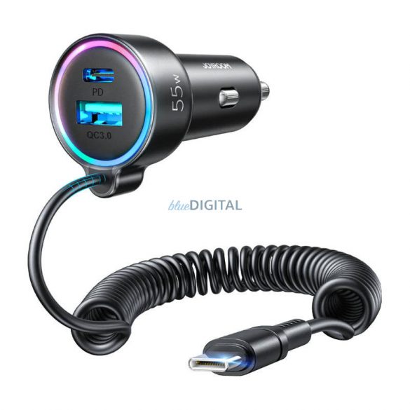 Încărcător auto Joyroom JR-CL07 cu conexiune 1xUSB-A și 1xUSB-C și cablu fix tip C PD 55W - negru