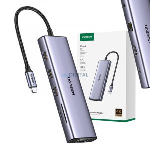 Adaptor USB Hub 10-în-1 UGREEN CM498 USB-C la 3x USB-A 3.0, HDMI, VGA, RJ45, SD/TF, AUX3.5mm, PD