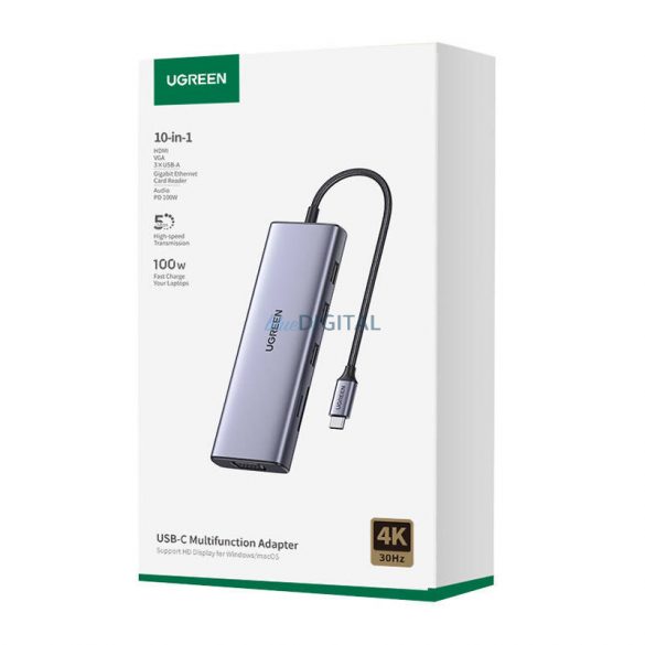 Adaptor USB Hub 10-în-1 UGREEN CM498 USB-C la 3x USB-A 3.0, HDMI, VGA, RJ45, SD/TF, AUX3.5mm, PD