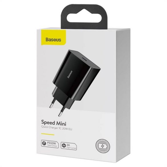 Încărcător rapid Baseus speed mini, USB + USB-C, PD, 3A, 20 W (negru)