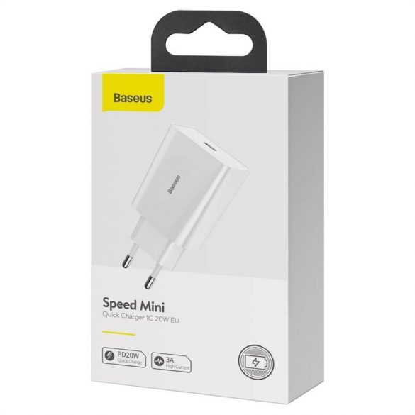 Mini încărcător rapid Baseus speed, USB + USB-C, PD, 3A, 20 W (alb)