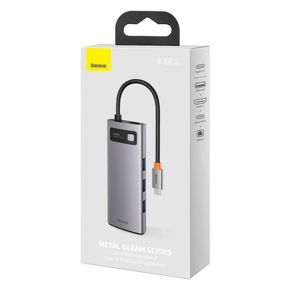 Seria Baseus Metal Gleam hub 6 în 1, USB-C - 3x USB 3.0 + HDMI + USB-C PD + Ethernet RJ45