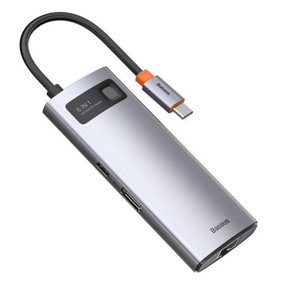 Seria Baseus Metal Gleam hub 6 în 1, USB-C - 3x USB 3.0 + HDMI + USB-C PD + Ethernet RJ45