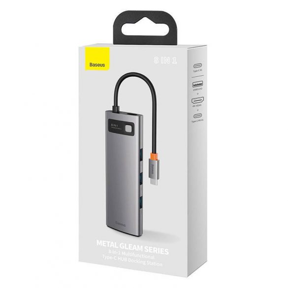 Baseus Metal Gleam Series 8 az 1-ben hub, USB-C - 3x USB 3.0 + HDMI + USB-C PD + Ethernet RJ45 + microSD / SD