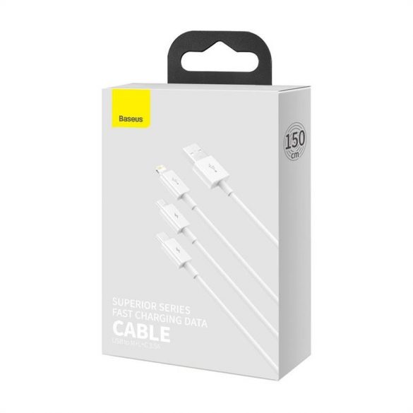 Cablu USB 3 în 1 Baseus Superior Series, USB-Micro-USB / USB-C / Lightning, 3,5 A, 1,2 m (alb)