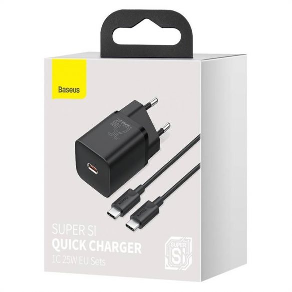 Adaptor de încărcare rapidă Baseus Super Si 1C 25W cu cablu USB-C-USB-C de 1 m (negru)