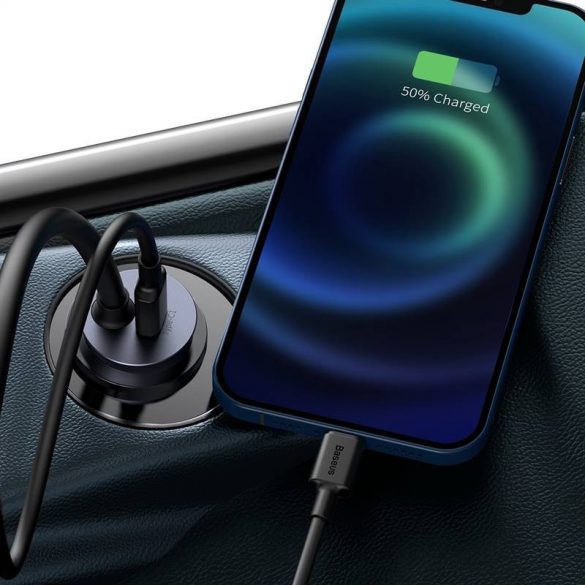 Încărcător auto Baseus Share Together cu cablu prelungitor, 2x USB, 2x USB-C, 120W (gri)