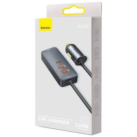 Încărcător auto Baseus Share Together cu cablu prelungitor, 2x USB, 2x USB-C, 120W (gri)