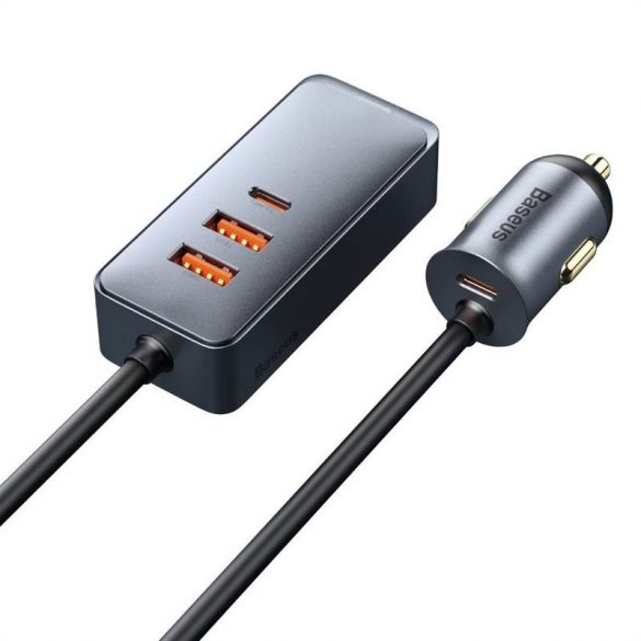 Încărcător auto Baseus Share Together cu cablu prelungitor, 2x USB, 2x USB-C, 120W (gri)