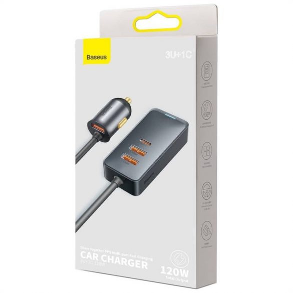 Încărcător auto Baseus Share Together cu extensie, 3x USB, USB-C, 120W (gri)