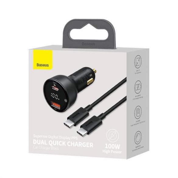 Încărcător auto USB Baseus Superme, USB-C, 100W + cablu USB-C (negru)