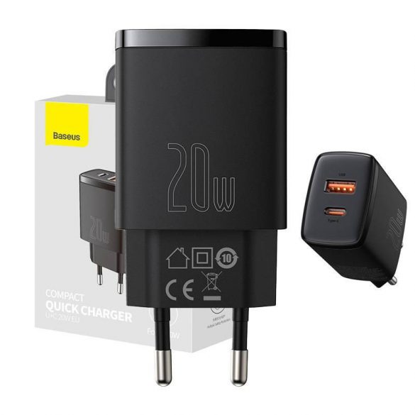 Baseus încărcător rapid compact, USB, USB-C, 20W (negru)