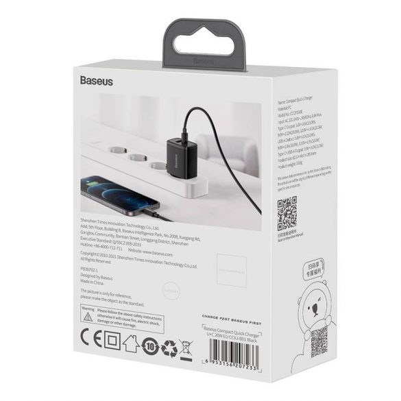 Baseus încărcător rapid compact, USB, USB-C, 20W (negru)