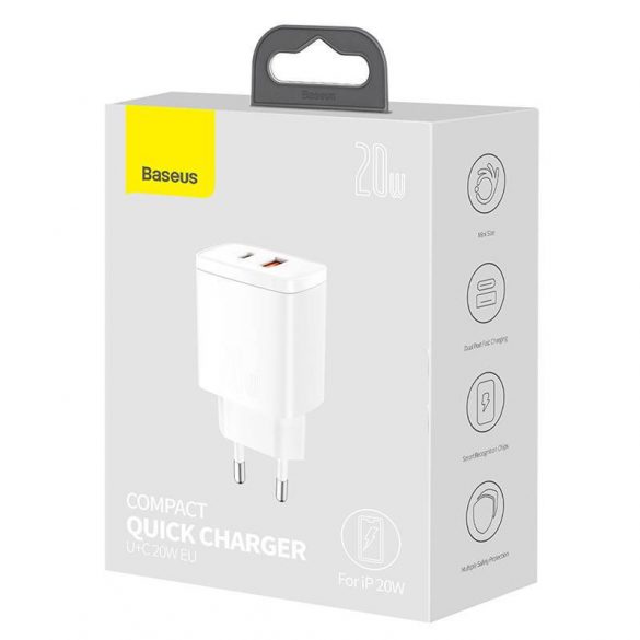 Baseus încărcător rapid compact, USB, USB-C, 20W (alb)