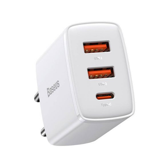 Încărcător rapid compact Baseus, 2xUSB, USB-C, PD, 3A, 30 W (alb)