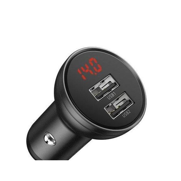 Încărcător auto Baseus cu afișaj, 2x USB, 4.8A, 24W (gri)